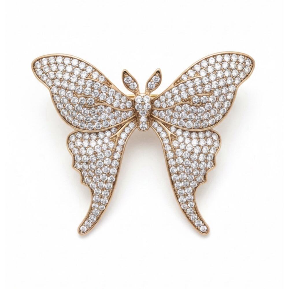 Elegant Gold Plated Butterfly Brooch Pin for Women White Crystals